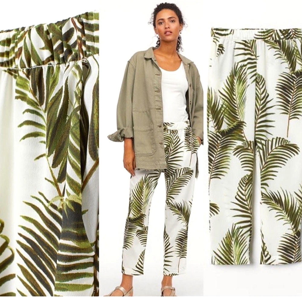 H&M Tropical Palm Ivory Crepe Cropped Trouser Pants